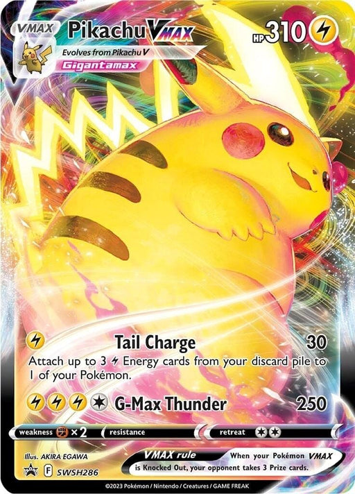A Pokémon card from the Sword & Shield series featuring Pikachu VMAX with an HP of 310. The card displays Pikachu in its Gigantamax form, surrounded by vibrant, lightning energy. The moves listed are "Tail Charge" and "G-Max Thunder." This Pikachu VMAX (SWSH286) [Sword & Shield: Black Star Promos] by Pokémon is illustrated by Akira Egawa.
