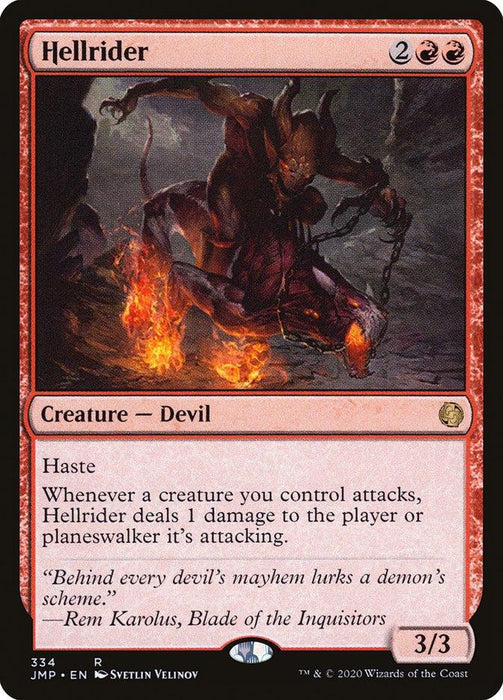 The image is a Magic: The Gathering card titled "Hellrider [Jumpstart]." This rare, red card with a mana cost of 2RR depicts a demonic creature—Devil with horns, riding through flames. With Haste and an ability that deals 1 damage whenever a controlled creature attacks, its power/toughness stands at 3/3.