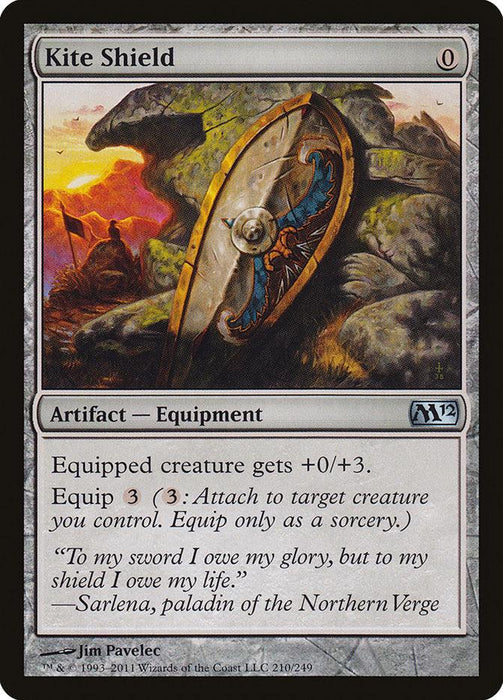 The Magic: The Gathering product, Kite Shield [Magic 2012], is a colorless artifact from Magic 2012. With a mana cost of 0, this Artifact — Equipment gives an equipped creature +0/+3 for an equip cost of 3 mana. Jim Pavelec's artwork depicts a shield on a rocky landscape, complemented by flavor text at the bottom.