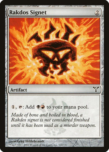 Description: A Magic: The Gathering card named "Rakdos Signet [Dissension]" from Magic: The Gathering. This artifact displays a fiery red and black emblem with a demonic face in flames. Costing 2 mana to play, its ability (1, Tap: Add Black and Red mana) is detailed beneath the fiery emblem. The flavor text hints at its sinister nature.