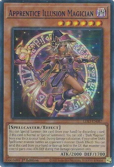 The Yu-Gi-Oh! card "Apprentice Illusion Magician (Blue) [LDS3-EN087] Ultra Rare" is an Effect Monster featured in the Legendary Duelists series. This spellcaster, similar to the Dark Magician, is dressed in a purple outfit with a pointed hat and wields a glowing staff, boasting abilities of ATK 2000 and DEF 1700.