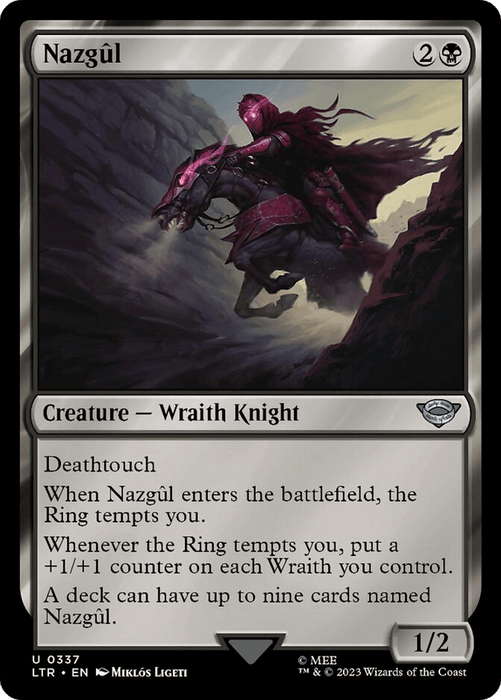 An image of the Magic: The Gathering card "Nazgul (337) [The Lord of the Rings: Tales of Middle-Earth]." It features a dark-armored, hooded figure on a galloping dark steed with purple accents. This Wraith Knight from The Lord of the Rings: Tales of Middle-Earth costs 2 black mana and has 1 power and 2 toughness. It has the Deathtouch ability and several other text abilities related to the "Ring.