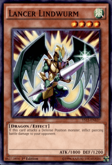 A Yu-Gi-Oh! trading card from Starter Deck: Dark Legion featuring Lancer Lindwurm [YS15-ENL07], a common dragon/effect monster with 1800 attack and 1200 defense. The dragon has green scales, yellow armor, and wings, wielding a lance with a glowing tip. Its effect inflicts piercing battle damage when attacking a defense position monster.