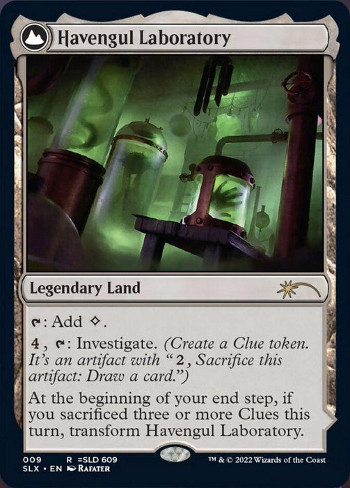 A trading card for "Havengul Laboratory // Havengul Mystery" from the Magic: The Gathering Secret Lair: Universes Within collection. The art depicts a dimly lit laboratory with large glass vats and mechanical apparatus. Text reads: "Legendary Land. T: Add C. 4, T: Investigate. At the beginning of your end step, if you sacrificed three or more Clues this turn, transform Havengul Laboratory.
