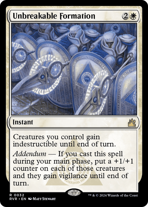 A Magic: The Gathering product named "Unbreakable Formation [Ravnica Remastered]" from the Ravnica Remastered set. This rare instant costs 2W mana and shows armored soldiers with shields. Its text reads, "Creatures you control gain indestructible until end of turn. Addendum—If you cast this spell during your main phase, put a +1/+1 counter on each of those creatures.