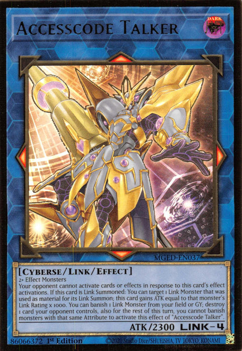 The image is a "Yu-Gi-Oh!" trading card named "Accesscode Talker [MGED-EN037] Gold Rare" from the Maximum Gold: El Dorado set. It features a futuristic, armored humanoid figure with large, glowing wings, standing in a dynamic pose. The card text details its abilities and attributes as a Link/Effect Monster with "2300 ATK" and link rating "4.