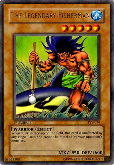 A Yu-Gi-Oh! trading card titled "The Legendary Fisherman [PSV-076] Ultra Rare." This Ultra Rare card from the Pharaoh's Servant set shows a muscular fisherman with long hair riding a large shark. He holds a wooden fishing rod. The card's attributes include Warrior/Effect type, five stars, and stats: ATK/1850 and DEF/1600.