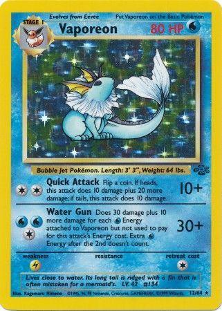 A **Pokémon Vaporeon (12/64) [Jungle Unlimited] card** with 80 HP from the Jungle Unlimited set. It features an image of Vaporeon, detailed stats, and abilities. The "Quick Attack" move does 10+ damage and "Water Gun" does 30+ damage. The card has a blue border with text detailing its evolution from Eevee, weight (64 lbs), and length (3').