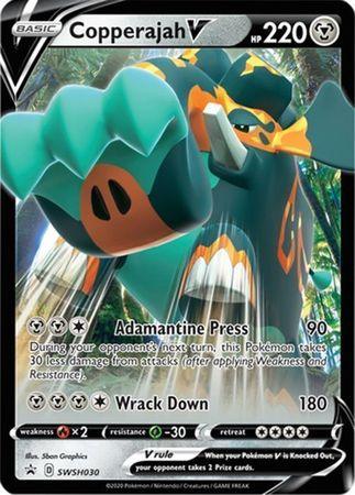 A Pokémon TCG card of Copperajah V (SWSH030) [Sword & Shield: Black Star Promos] from Pokémon. This Black Star Promo features the Metal-type, elephant-like Pokémon with a teal and orange body raising its trunk. The card has HP 220 and move names "Adamantine Press" (90 damage) and "Wrack Down" (180 damage). The artist is 5ban Graphics.