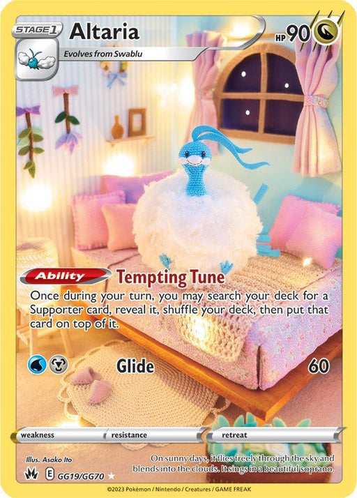 A Pokémon trading card from the Sword & Shield: Crown Zenith series featuring Altaria. The card showcases an illustration of Altaria, a dragon-like creature with cloud-like wings, perched on a cozy pink and beige bed. The Secret Rare card, **Altaria (GG19/GG70) [Sword & Shield: Crown Zenith]**, from **Pokémon** has 90 HP, an ability called "Tempting Tune," and an attack called "Glide" with a power of 60.
