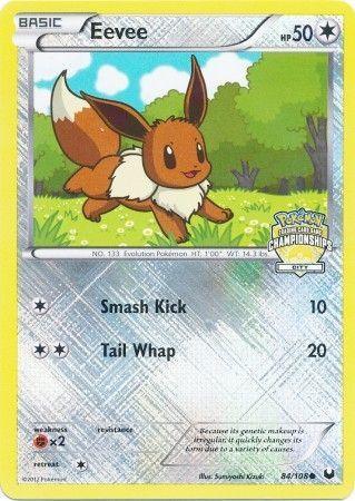 A Pokémon Eevee (84/108) (City Championship Promo) [Black & White: Dark Explorers] trading card featuring Eevee with a holographic background from the Black & White series. Eevee, depicted as a small, fox-like creature with brown fur, large ears, and a bushy tail. The card details include Basic type, 50 HP, and two attacks: Smash Kick (10 damage) and Tail Whap (20 damage). Card number 84/108.
