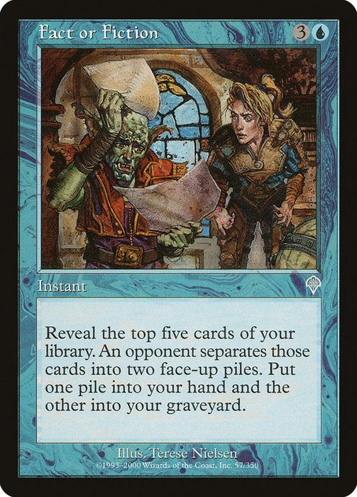 A Magic: The Gathering card titled "Fact or Fiction [Invasion]." It depicts a green-skinned, goblin-like creature holding a scroll opposite a concerned-looking human woman, both illuminated by soft light in a room filled with books. This uncommon instant card's text describes revealing and splitting the top five cards of your library.