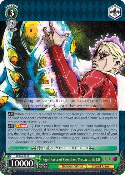 A trading card featuring a blonde, suited man striking a dramatic pose with his back turned and hand outstretched. The Significance of Resolution, Prosciutto & T.D (JJ/S66-E039 U) [JoJo's Bizarre Adventure: Golden Wind] from Bushiroad boasts vibrant colors and intricate patterns, detailing his abilities and stats, including 10000 power, an uncommon rarity for Prosciutto & T.D.