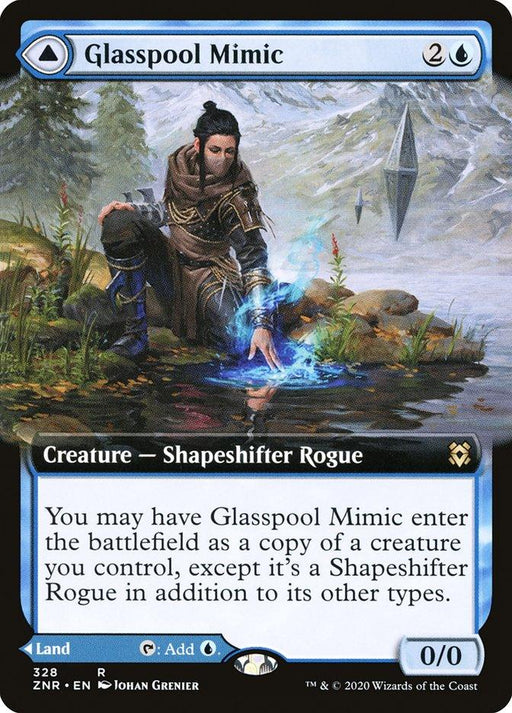 A Magic: The Gathering card titled "Glasspool Mimic // Glasspool Shore (Extended Art) [Zendikar Rising]." This Shapeshifter Rogue features an illustration of a character kneeling by water, touching the surface with their hand, causing blue energy ripples. In the background, floating triangular crystalline structures evoke the magic of Zendikar Rising. The card's text is readable.