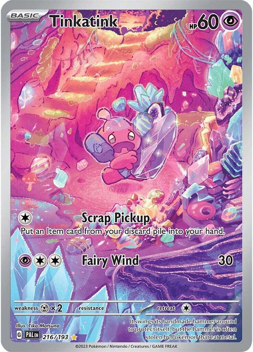 Illustrated Pokémon card featuring Tinkatink, a hammer-wielding fairy-like creature in a vibrant, gem-filled cave. This Illustration Rare from the Scarlet & Violet: Paldea Evolved series displays 60 HP, and abilities "Scrap Pickup" and "Fairy Wind" with an attack power of 30. Includes game text, artist credit, and series number. Product Name: Tinkatink (216/193) [Scarlet & Violet: Paldea Evolved] Brand Name: Pokémon