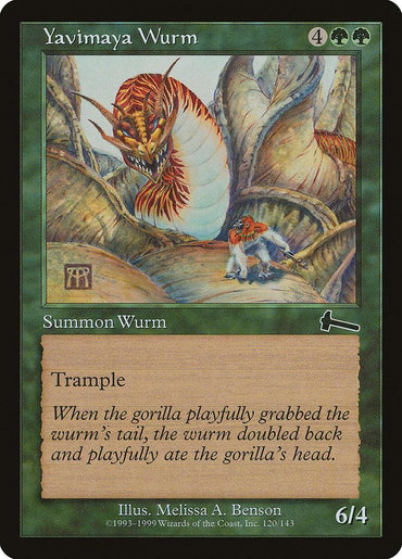 The Magic: The Gathering card "Yavimaya Wurm" from Urza's Legacy, depicts a large, tree-like wurm with scales and a menacing head engaging with a gorilla-like creature. This Creature card, costing 4GG mana, has Trample and stats of 6/4, enhanced by evocative flavor text.