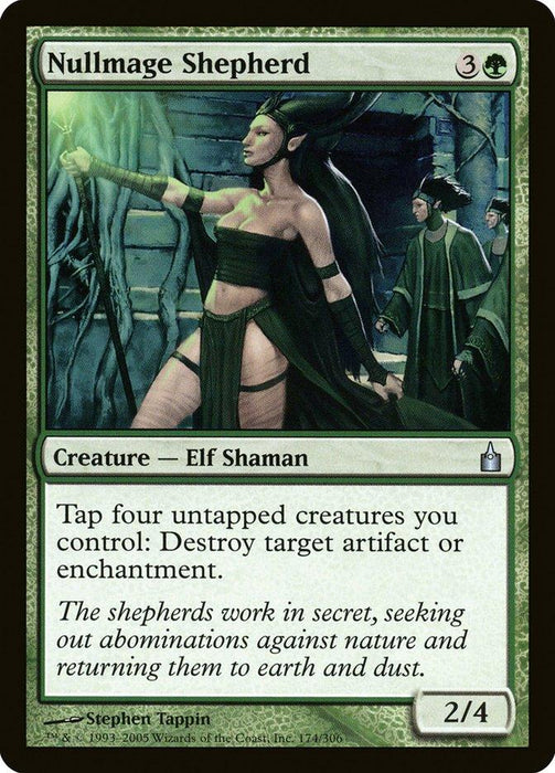 Magic: The Gathering product titled Nullmage Shepherd [Ravnica: City of Guilds], an uncommon Creature — Elf Shaman. It features an Elf Shaman in a green dress with a glowing staff, leading cloaked followers. Part of the Ravnica: City of Guilds set, this card with green borders costs 3G and has 2/4 power toughness, with abilities to destroy artifacts or enchantments.