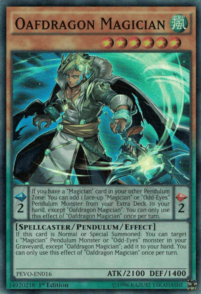 The image features a Yu-Gi-Oh! Super Rare card named "Oafdragon Magician" [PEVO-EN016], an important character in the Pendulum Evolution series. It portrays a horned figure adorned with a cape, holding glowing green energy in one hand. This Pendulum Monster is classified as a Spellcaster/Effect type, boasting an ATK of 2100, DEF of 1400, and has a Pendulum Scale of 2.