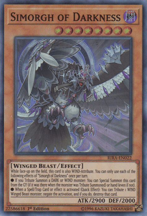 A Yu-Gi-Oh! trading card depicting the "Simorgh of Darkness [RIRA-EN022] Super Rare," a Winged Beast/Effect Monster with 2900 ATK and 2000 DEF. The card features an illustration of a dark, powerful bird-like creature with large wings and sharp talons, set against a backdrop of swirling shadows and dark energy.