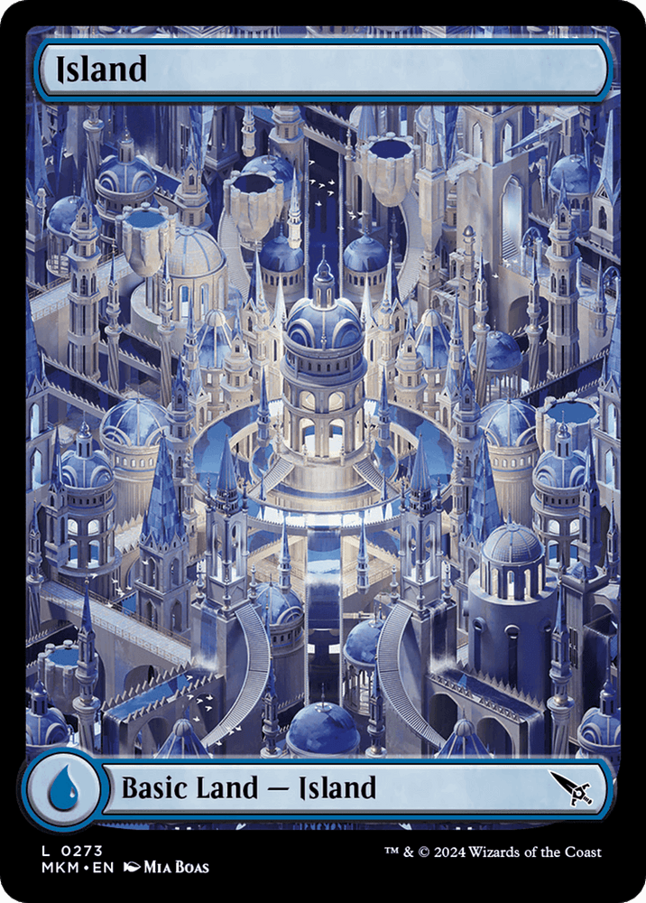 The image is a Magic: The Gathering trading card titled "Island (0273) [Murders at Karlov Manor]." It features intricate, blue-hued architecture with numerous towers, domes, and bridges. Resembling a grand palace or cityscape surrounded by water, this Basic Land – Island card evokes the mystique of Murders at Karlov Manor.