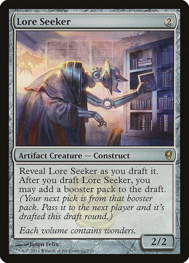 A "Magic: The Gathering" trading card titled "Lore Seeker [Conspiracy]," an Artifact Creature. The card features a robotic construct examining a bookshelf with one arm extended towards a book. The rules text describes its in-game effects and characteristics, boasting a power and toughness of 2/2, perfect for your next booster pack.