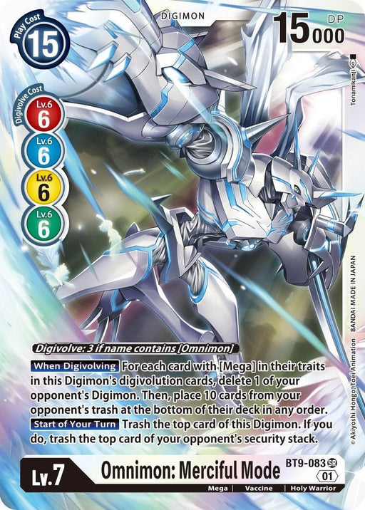 A Digimon Omnimon: Merciful Mode [BT9-083] [X Record] card. The card depicts a mechanical humanoid, Holy Warrior with a futuristic design and wings spread. Text details its special abilities and stats, boasting a play cost of 15, 15000 DP, and level 7 with 6 green and red digivolution requirements.