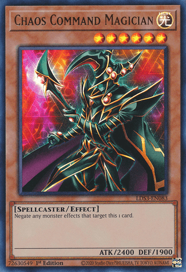 The "Yu-Gi-Oh!" trading card called Chaos Command Magician [LDS3-EN083] Ultra Rare depicts an armored magician donning intricate, dark armor emitting a glowing, red-orange energy. The card's text states: "Negate any monster effects that target this 1 card." It boasts an ATK of 2400 and a DEF of 1900.