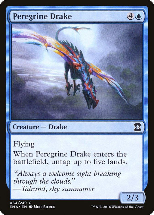 Image of a Magic: The Gathering card titled "Peregrine Drake [Eternal Masters]" from Magic: The Gathering. The card has blue borders, featuring artwork of a colorful drake flying against a cloudy sky. Text reads: "Flying. When Peregrine Drake enters the battlefield, untap up to five lands." This 2/3 creature is card number 064/249.