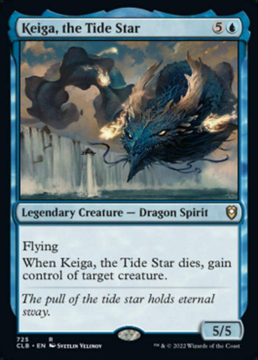 A "Magic: The Gathering" card depicting "Keiga, the Tide Star [Commander Legends: Battle for Baldur's Gate]" from Magic: The Gathering. The card shows a spectral dragon with vibrant blue and ethereal features, flying above a stormy sea. Card details: 5 colorless and 1 blue mana, 5/5 power/toughness, with abilities including flying and a control gain effect upon death.