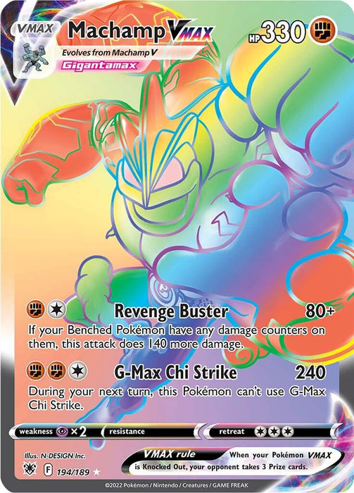 A Secret Rare Pokémon card of Machamp VMAX (194/189) [Sword & Shield: Astral Radiance] from Pokémon, showcasing a muscular, four-armed Fighting Pokémon with a dynamic, colorful background. The card details include 330 HP, the moves "Revenge Buster" and "G-Max Chi Strike," weaknesses, resistances, and retreat cost. It is numbered 194/189.