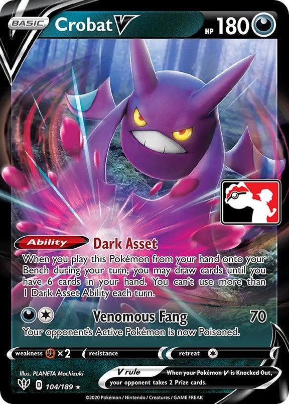 A Pokémon trading card featuring the Ultra Rare Crobat V (104/189) [Prize Pack Series One] with HP 180. Crobat, a purple, bat-like creature, is depicted mid-flight with red eyes and green wings spread wide. The card showcases its Darkness-type Dark Asset ability and Venomous Fang attack. The 