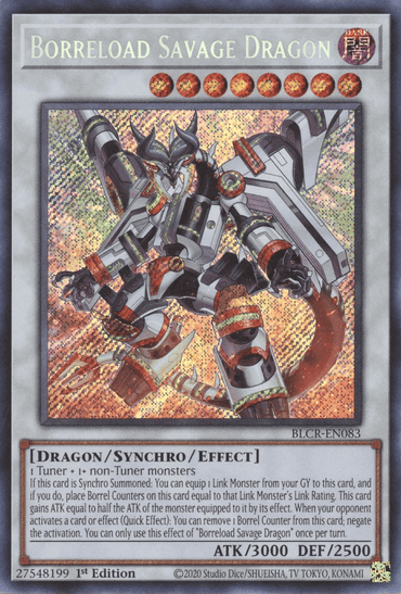 A "Borreload Savage Dragon [BLCR-EN083] Secret Rare" Yu-Gi-Oh! card from the Battles of Legend set, featuring a holographic design. The card depicts a formidable mechanical dragon with metallic armor and weaponry, boasting attributes: Dragon/Synchro/Effect, an ATK of 3000, and DEF of 2500. Its text details its summoning and effects.