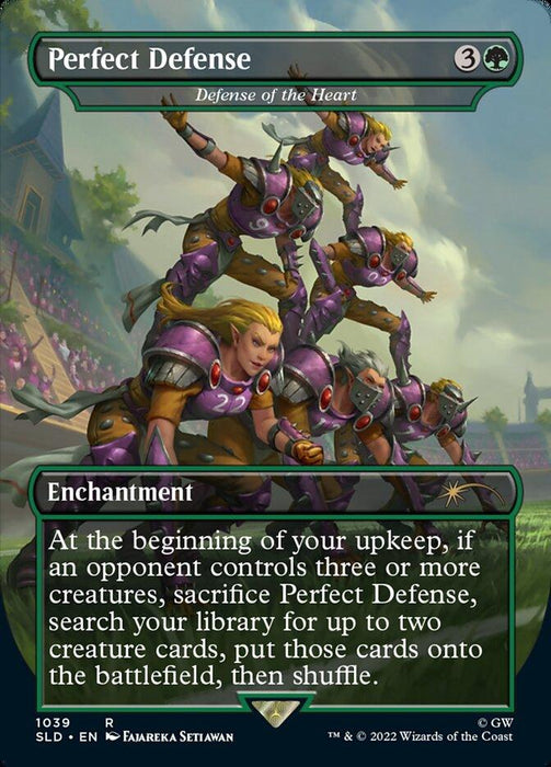 Four armored female warriors with blonde hair charge forward, holding long spears and appearing animated in mid-attack. The dynamic scene unfolds against a cloudy sky. This "Perfect Defense - Defense of the Heart (Borderless) [Secret Lair Drop Series]" Magic: The Gathering card details its mana cost, rarity, artist, and specific gameplay effects.
