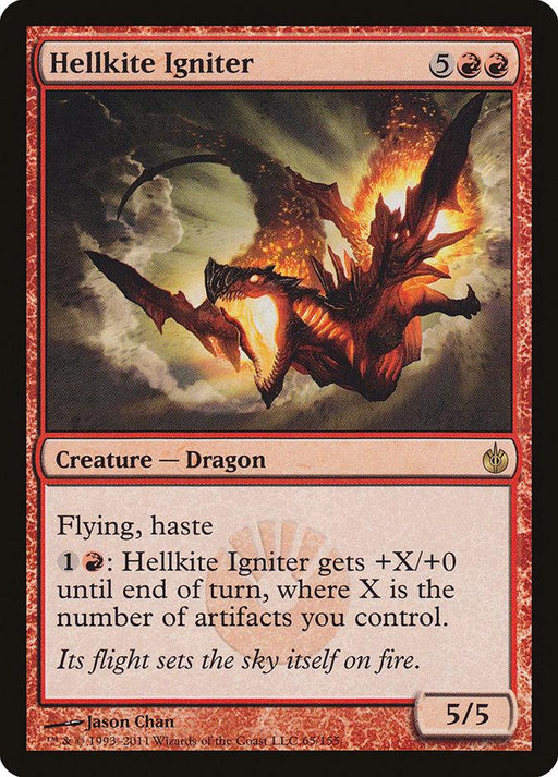 A Magic: The Gathering card from the *Mirrodin Besieged* set, titled "Hellkite Igniter [Mirrodin Besieged]," showcases a fiery dragon with orange-red scales soaring amidst flames. Requiring 5 red mana to summon, the dragon boasts 5 power and 5 toughness, with abilities like flying, haste, and a fire-breathing boost tied to controlled artifacts.