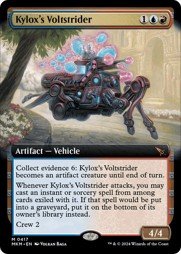 A fantasy card titled "Kylox's Voltstrider (Extended Art) [Murders at Karlov Manor]," featuring a detailed illustration of a mechanical spider-like vehicle with antennas and gears. This artifact creature has a "Creature - Vehicle" type and stats of 4/4. The card's abilities are "Collect evidence 6," a special attack trigger, and "Crew 2." This striking entry is part of the Magic: The Gathering universe.