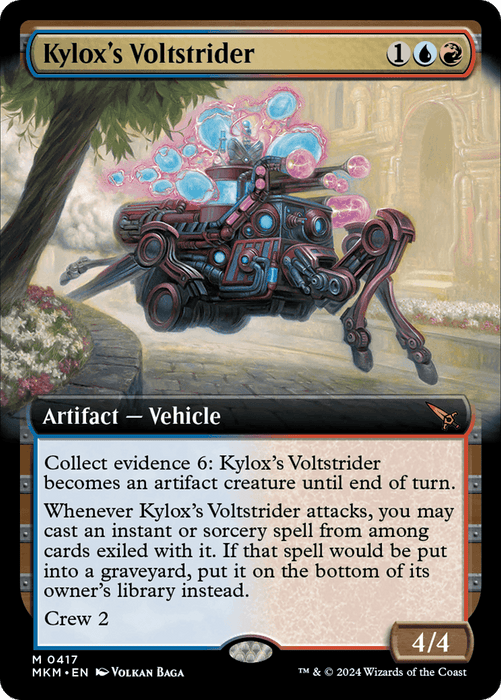 A fantasy card titled "Kylox's Voltstrider (Extended Art) [Murders at Karlov Manor]," featuring a detailed illustration of a mechanical spider-like vehicle with antennas and gears. This artifact creature has a "Creature - Vehicle" type and stats of 4/4. The card's abilities are "Collect evidence 6," a special attack trigger, and "Crew 2." This striking entry is part of the Magic: The Gathering universe.