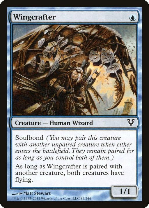The image showcases a Magic: The Gathering product named "Wingcrafter [Avacyn Restored]" from the Avacyn Restored set. This blue card depicts a Human Wizard with the Soulbond ability, standing beside a large, multi-winged insect-like creature. The card has a power/toughness of 1/1.
