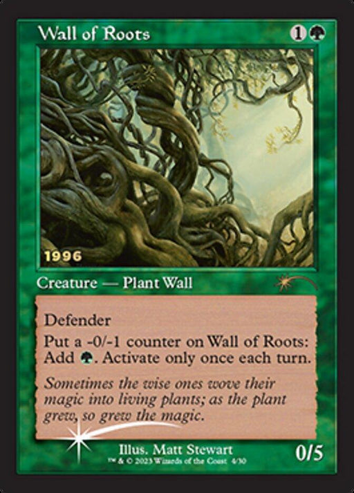 A Magic: The Gathering card titled "Wall of Roots [30th Anniversary Promos]" from the Magic: The Gathering. This Rare card features green borders with an illustration of a dense, twisting wall of tree roots. Costing one green and one generic mana, it has defender ability, zero attack, five toughness, and can generate green mana at the cost of a counter.