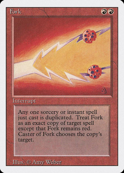 The image shows a rare *Magic: The Gathering* card named "Fork [Revised Edition]" from *Magic: The Gathering*. The red instant card features artwork of two pronged lightning bolts with fiery orbs. It reads: "Any one sorcery or instant spell just cast is duplicated. Treat Fork as an exact copy of target spell except that Fork remains red. Caster of Fork chooses the copy's target." Illustration by Amy