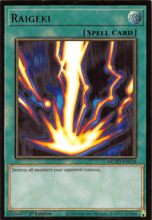 An image of a Yu-Gi-Oh! trading card titled "Raigeki [MGED-EN038] Gold Rare". It is a Normal Spell Card from the Maximum Gold: El Dorado set, with a text box that reads, "Destroy all monsters your opponent controls." The image on the card shows a lightning bolt striking down amid electrical energy bursts. The card's border is green.