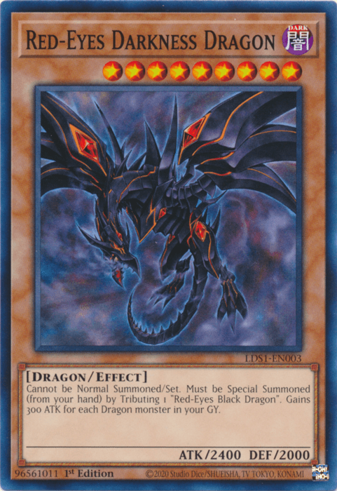 This Yu-Gi-Oh! product, Red-Eyes Darkness Dragon [LDS1-EN003] Common, features "Red-Eyes Darkness Dragon." The epic Effect Monster boasts dark scales, red eyes, and red markings against a blue, fiery background. This Level 9 monster with 2400 ATK and 2000 DEF boosts attack for each Dragon in the graveyard, an iconic choice for Legendary Duelists.
