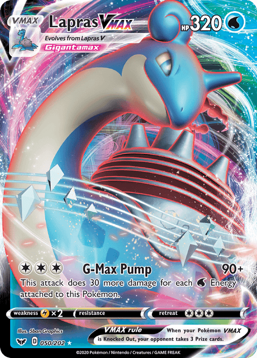 A Pokémon trading card featuring Lapras VMAX (050/202) [Sword & Shield: Base Set], a blue and pink Water Type Pokémon with a shell-like structure on its back. The card has a rainbow-hued, dynamic background and shows Lapras VMAX with 320 HP. This Ultra Rare card from the Pokémon series includes the special move, G-Max Pump, along with weaknesses, resistances, and the VMAX rule.