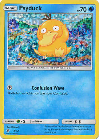 The Psyduck (2/12) Pokémon card from the McDonald's Promos: 2018 Collection features a yellow Psyduck in the center, holding its head as if confused. The background showcases a colorful mosaic pattern. With 70 HP, its main move is 