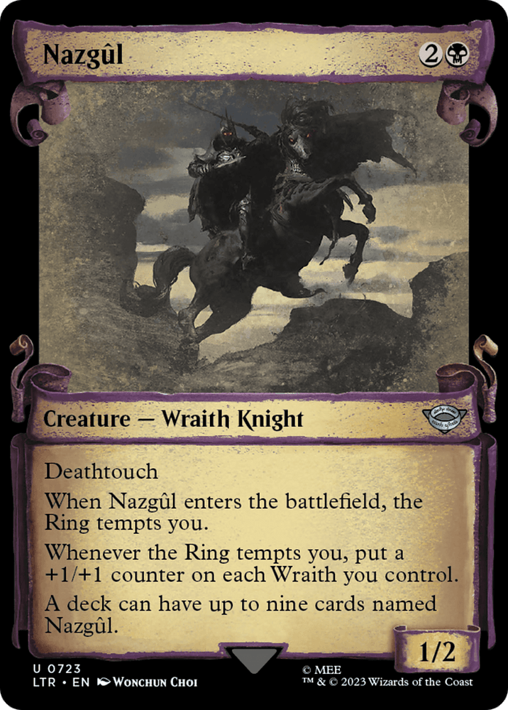 A Magic: The Gathering card named "Nazgul (0723) [The Lord of the Rings: Tales of Middle-Earth Showcase Scrolls]" from the Lord of the Rings set. It costs 2 colorless and 1 black mana. The card features dark art of a Wraith Knight riding a black horse. It has Deathtouch and power/toughness of 1/2, with abilities and Ring temptation text. The border and symbols are purple and gold