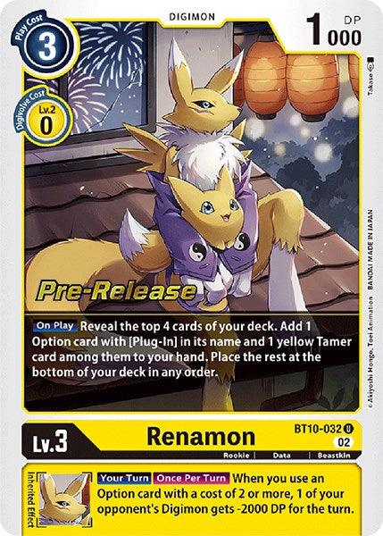 A Renamon [BT10-032] [Xros Encounter Pre-Release Cards], a Rookie-level Beastkin Digimon card by Digimon, showcases an illustrated Renamon with a smaller, similar-looking Digimon on its back. The card provides information on abilities, costs, and stats and features 