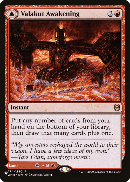 The image showcases a Magic: The Gathering card named "Valakut Awakening // Valakut Stoneforge [Secret Lair: From Cute to Brute]" from the Secret Lair series, with vibrant artwork of a massive stone structure erupting amidst lava. This rare instant card allows players to put any number of cards from their hand on the bottom of their library, then draw that many cards plus one.