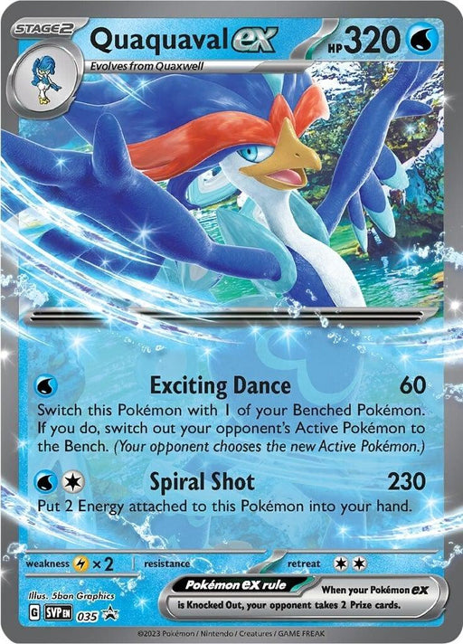 The image shows a Quaquaval ex (035) [Scarlet & Violet: Black Star Promos] card from Pokémon. The card features a detailed illustration of Quaquaval, a large blue, white, and red bird-like Pokémon in mid-flight over water. This Stage 2 card boasts 320 HP and has attacks named Exciting Dance and Spiral Shot.