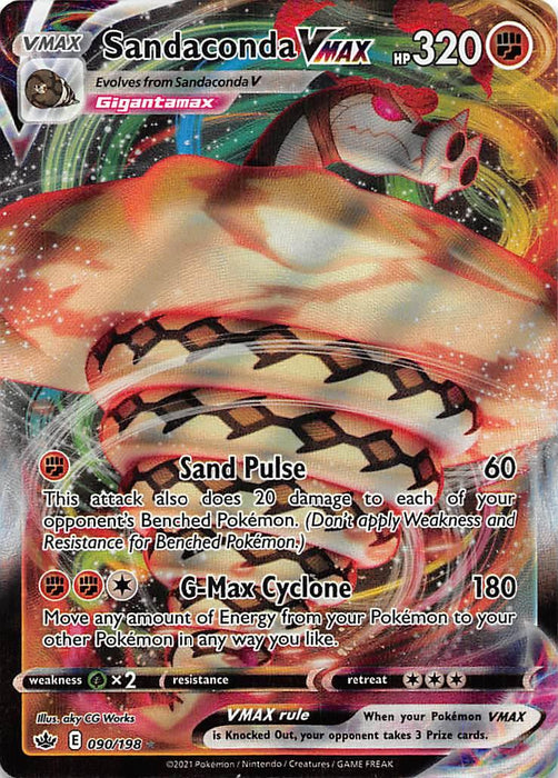 Pokémon trading card featuring Sandaconda VMAX (090/198) [Sword & Shield: Chilling Reign] with 320 HP. This Ultra Rare Gigantamax variant has two moves: Sand Pulse, dealing 60 damage, and G-Max Cyclone, delivering 180 damage and enabling energy movement. Numbered 90/198 from the highly holographic Sword & Shield series by Pokémon.