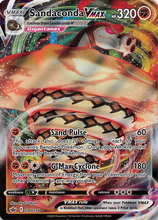 Pokémon trading card featuring Sandaconda VMAX (090/198) [Sword & Shield: Chilling Reign] with 320 HP. This Ultra Rare Gigantamax variant has two moves: Sand Pulse, dealing 60 damage, and G-Max Cyclone, delivering 180 damage and enabling energy movement. Numbered 90/198 from the highly holographic Sword & Shield series by Pokémon.