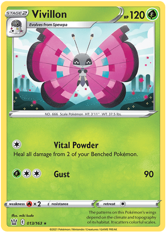 A rare Pokémon trading card featuring Vivillon from the Battle Styles series. This Grass Pokémon boasts a vibrant butterfly design with pink and purple wings that have black edges and colorful patterns. The card, numbered Vivillon (013/163) [Sword & Shield: Battle Styles], displays Vivillon's HP of 120 and features the moves 